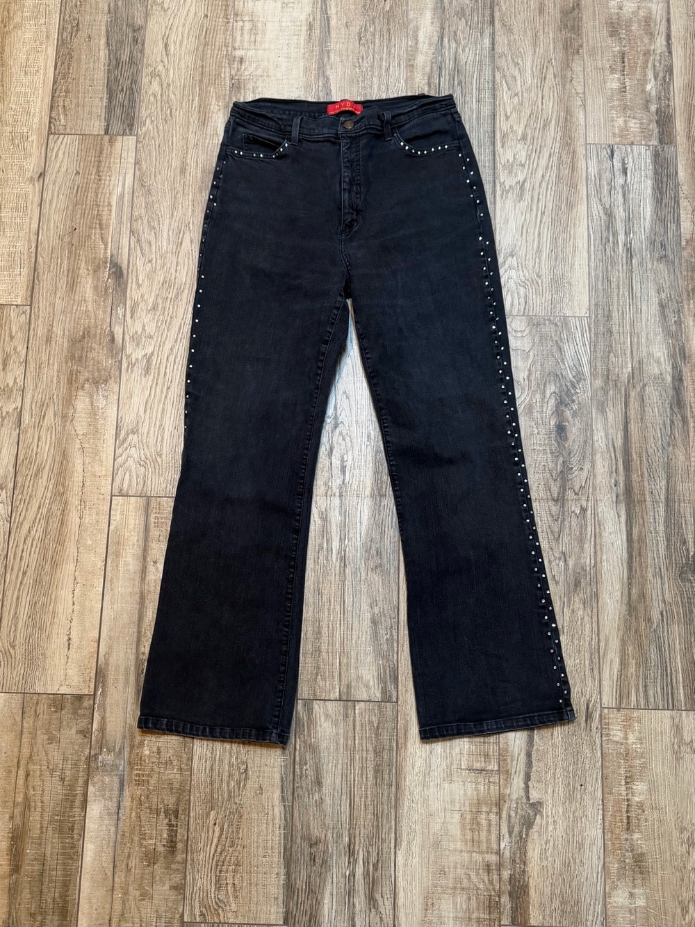 NYDJ Black Flare Jeans with Side Stud Trim